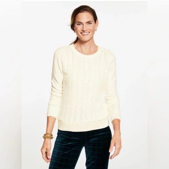 Talbots Women’s Cable Knit Crewneck Sweater Cream‎ Size Medium Decorative Sleeve - Picture 7 of 8